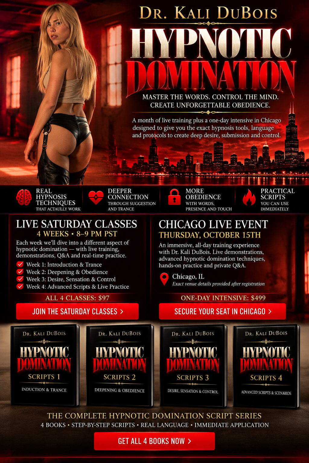 Dr. Kali DuBois' Hypnotic Domination 2026 — live Saturday classes for $97 on the left, Chicago live event October 15th for $499 on the right